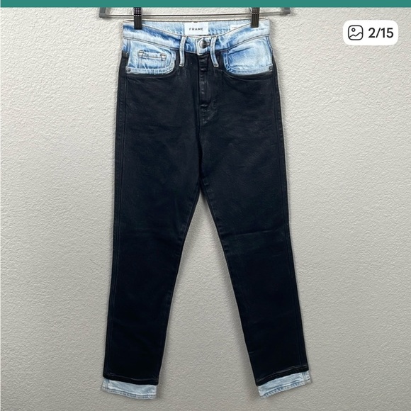 NWT Frame Le Sylvie High Rise Straight Fit Jeans Coated Ankle Black Ice Sz 24 - Picture 2 of 13